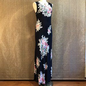 Vintage Nostagia Slinky Black Long Black Floral Dress S-M-L